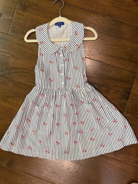 Maison Me- Girls Sleeveless Blue-White Stripe Claudine Dress Red Cherry- Size: 6